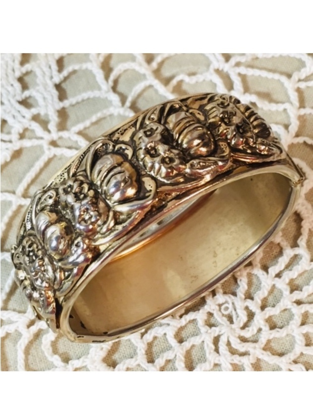 Vintage Floral Repousse High Relief Floral Bangle Bracelet Regency Renaissance